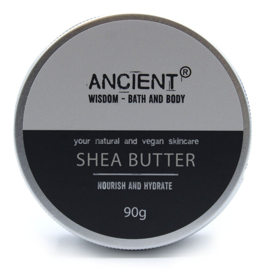 Shea butter container with 'Ancient Wisdom Bath and Body' branding on a white background