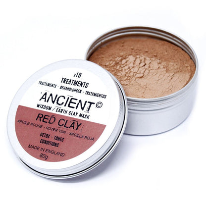 Open container of Ancient Wisdom Red Clay Mask with visible clay inside on a white background