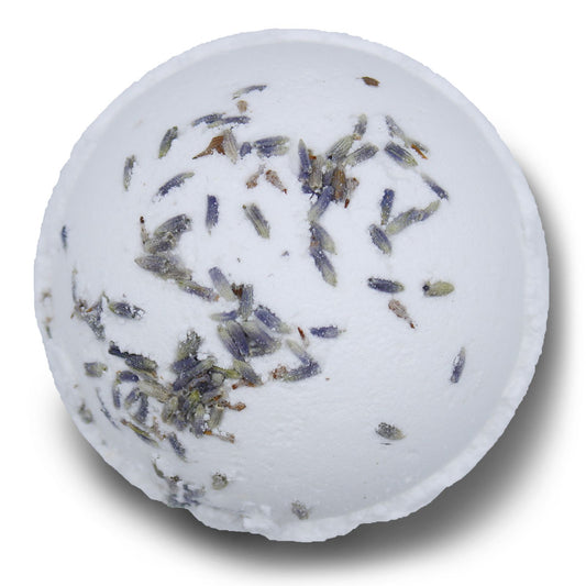 Bath bomb with lavender petals on a white background