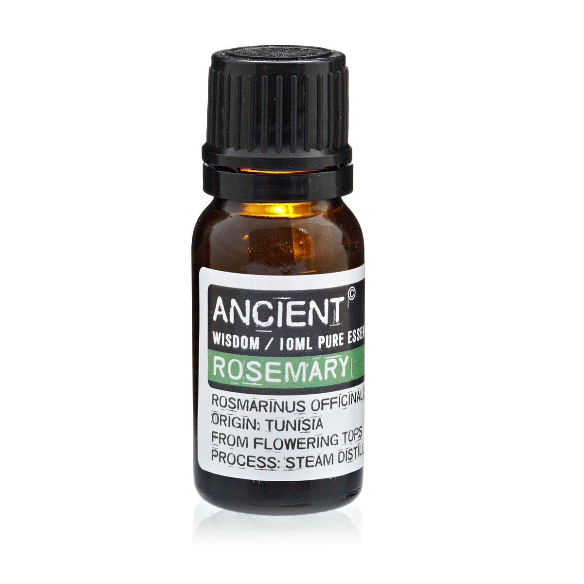 Bottle of Ancient Wisdom Rosemary essential oil on a white background