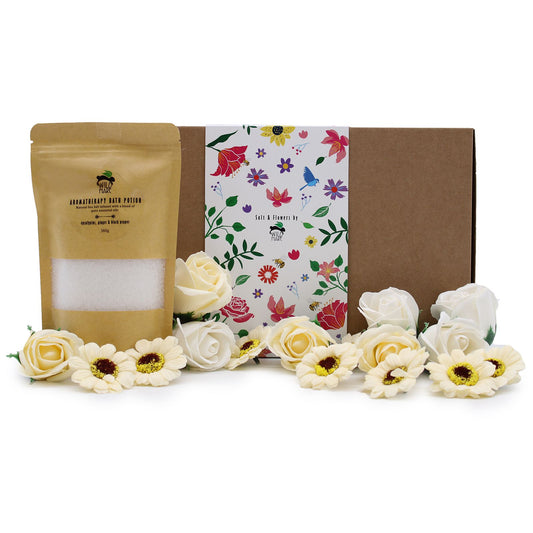 Bath product packaging with flowers on a white background