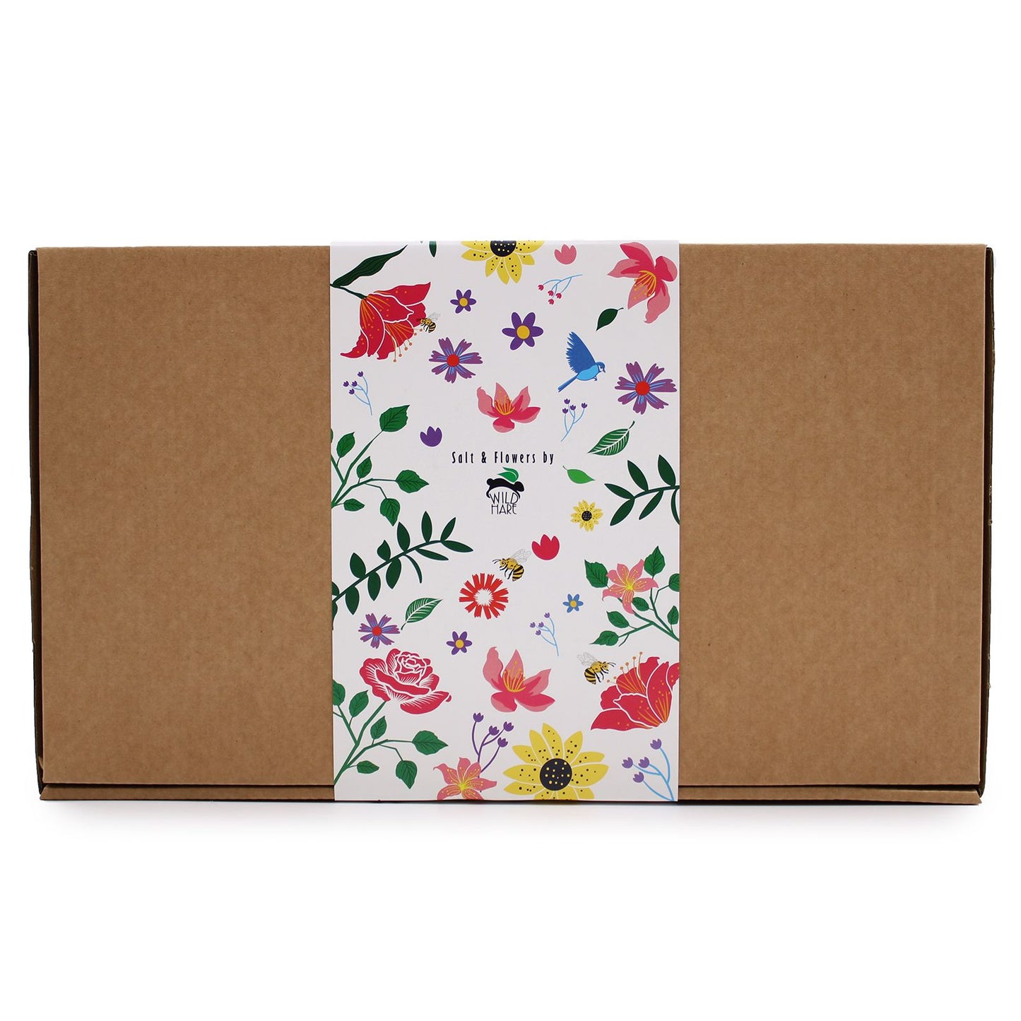 Floral-patterned box with a brown exterior on a white background