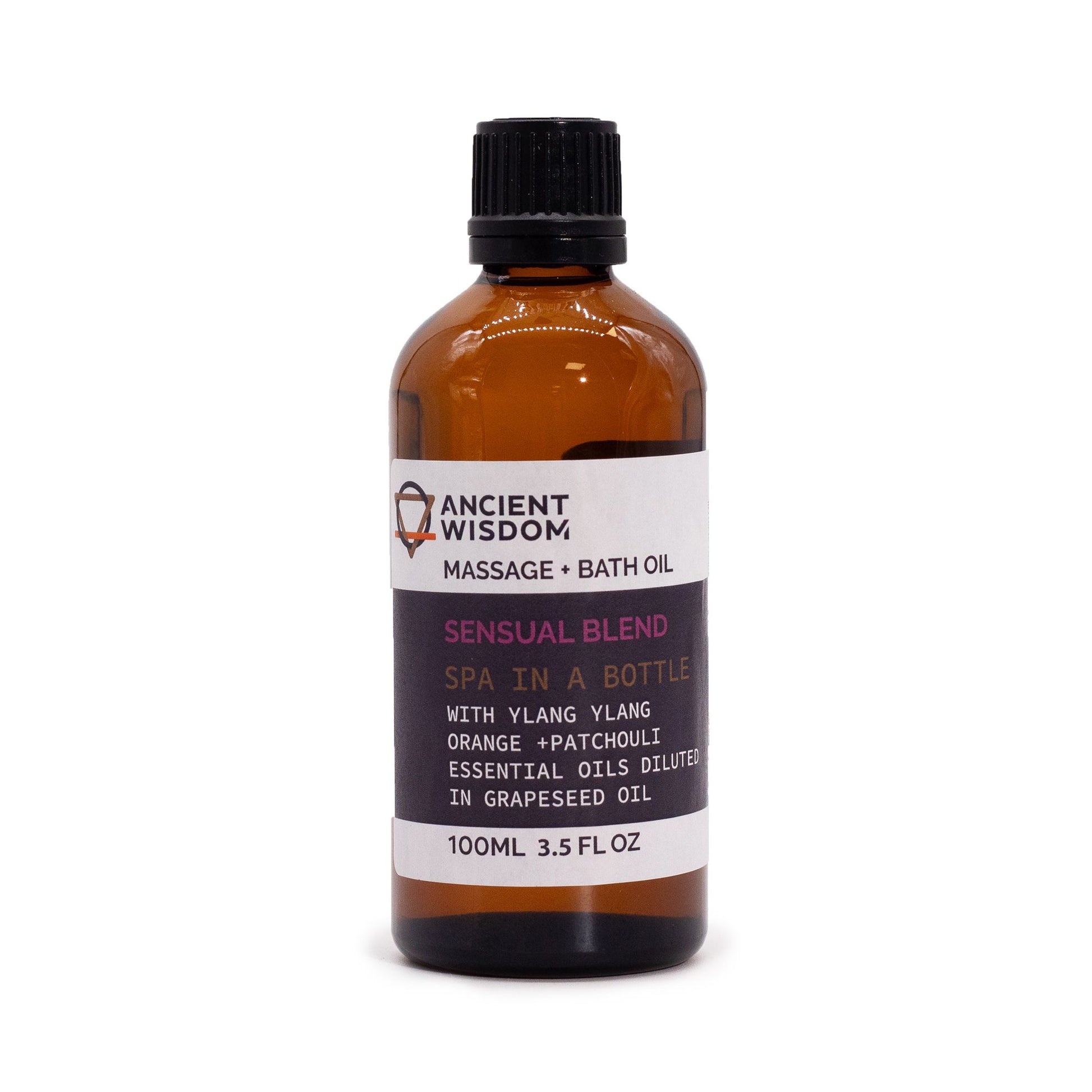 Bottle of Ancient Wisdom massage and bath oil on a white background