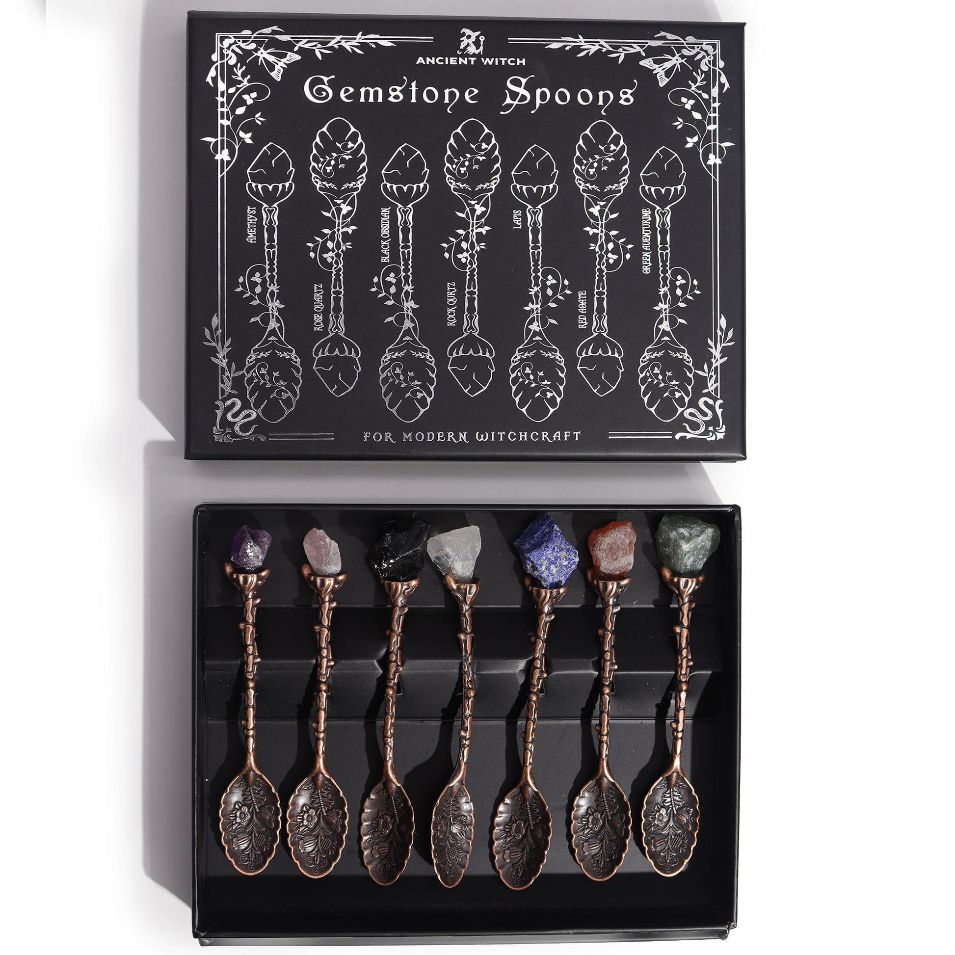 Set of 7 Bronze Gemstone Crystal Witch Spoons. Each spoon is beautifully crafted with a natural gemstone supplied boxed