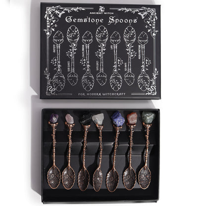 Set of 7 Bronze Gemstone Crystal Witch Spoons. Each spoon is beautifully crafted with a natural gemstone supplied boxed