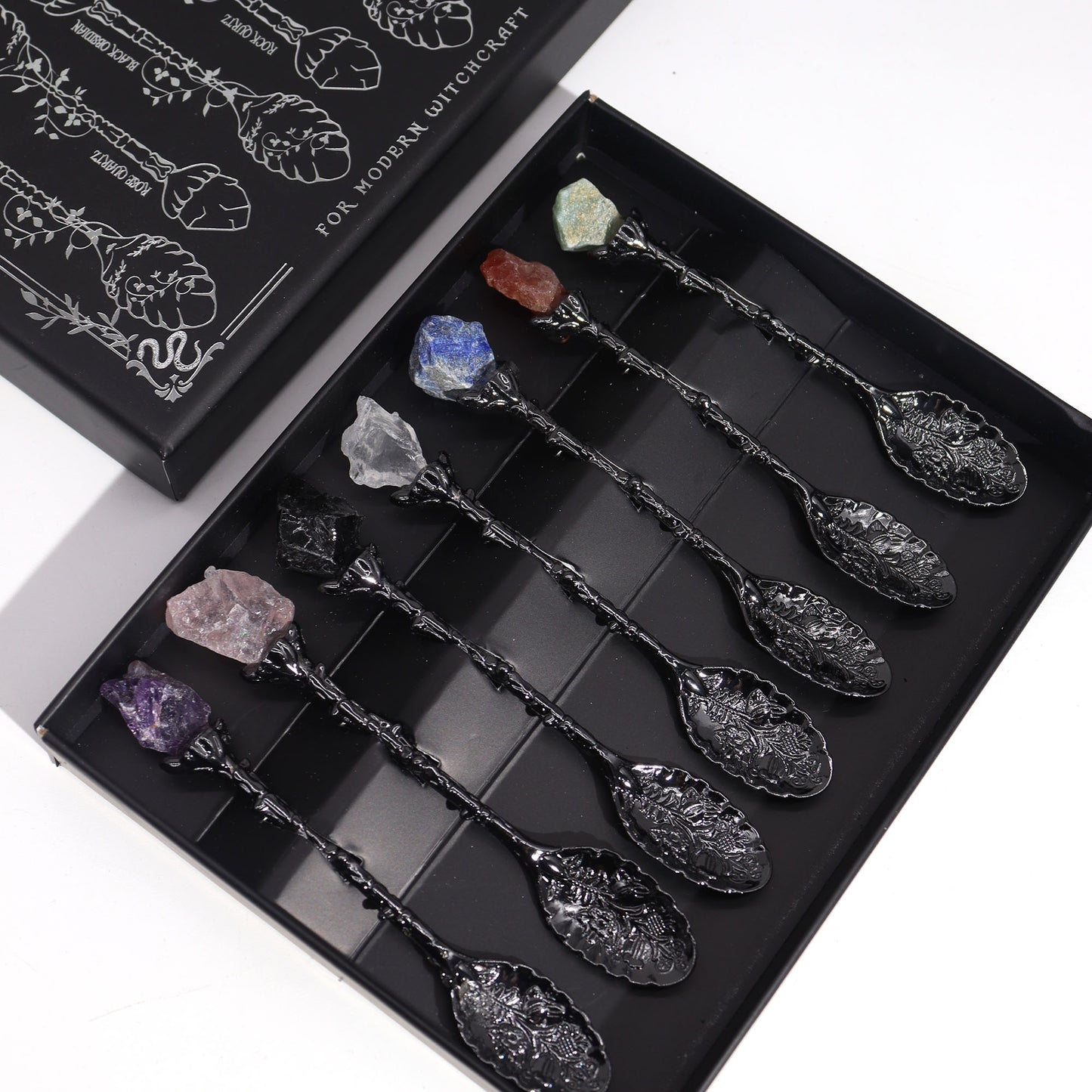 Set of 7 Dark Silver Gemstone Crystal Witch Spoons boxed