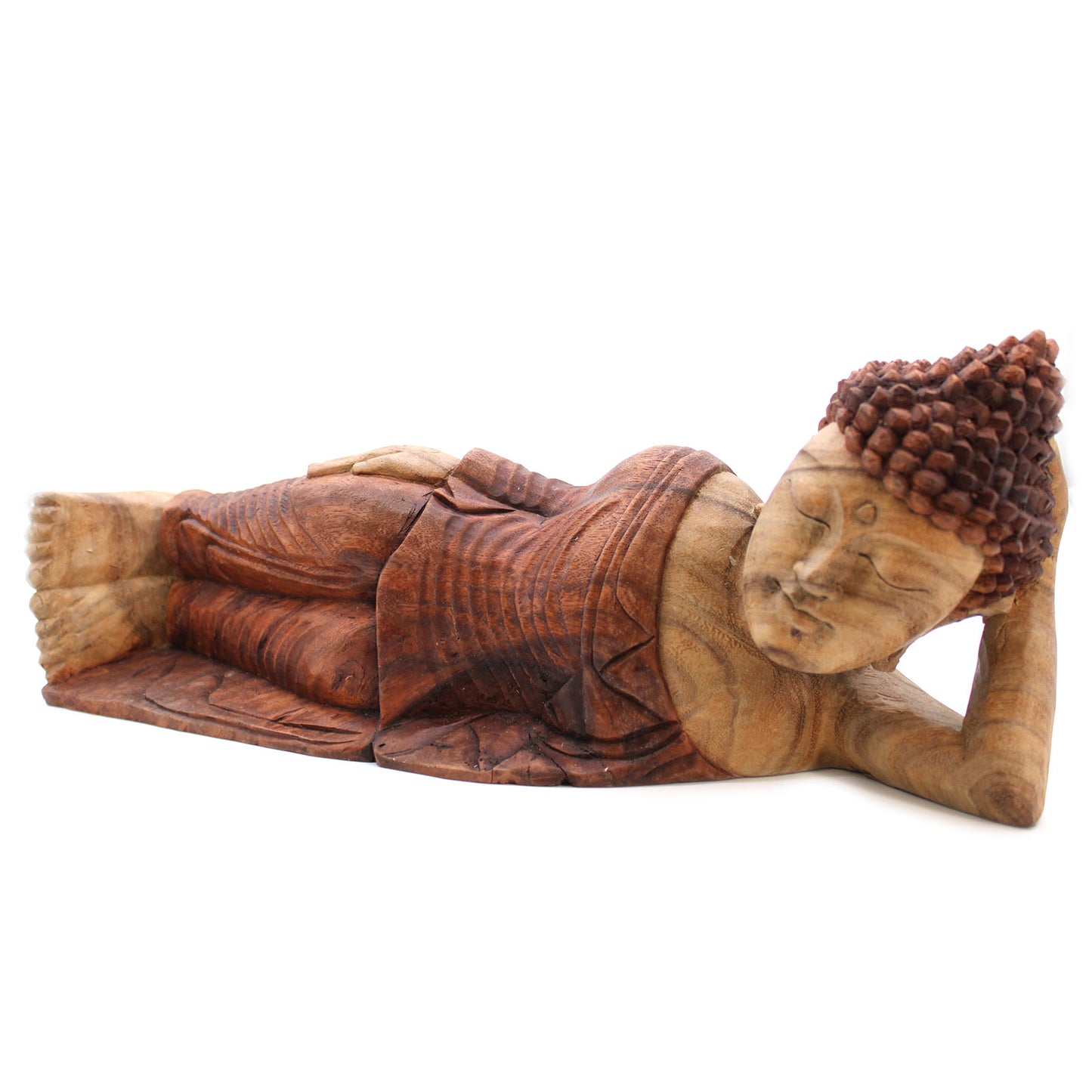 50cm Hand Carved Buddha Statue in Sleeping Buddha Pose. Expertly crafted in Indonesia, each statue is meticulously carved by hand from sustainable Suar wood 