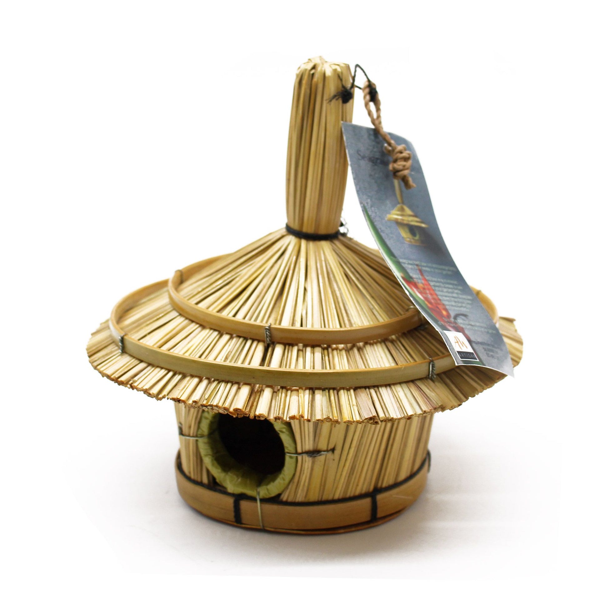 Bamboo birdhouse with a tag on a white background