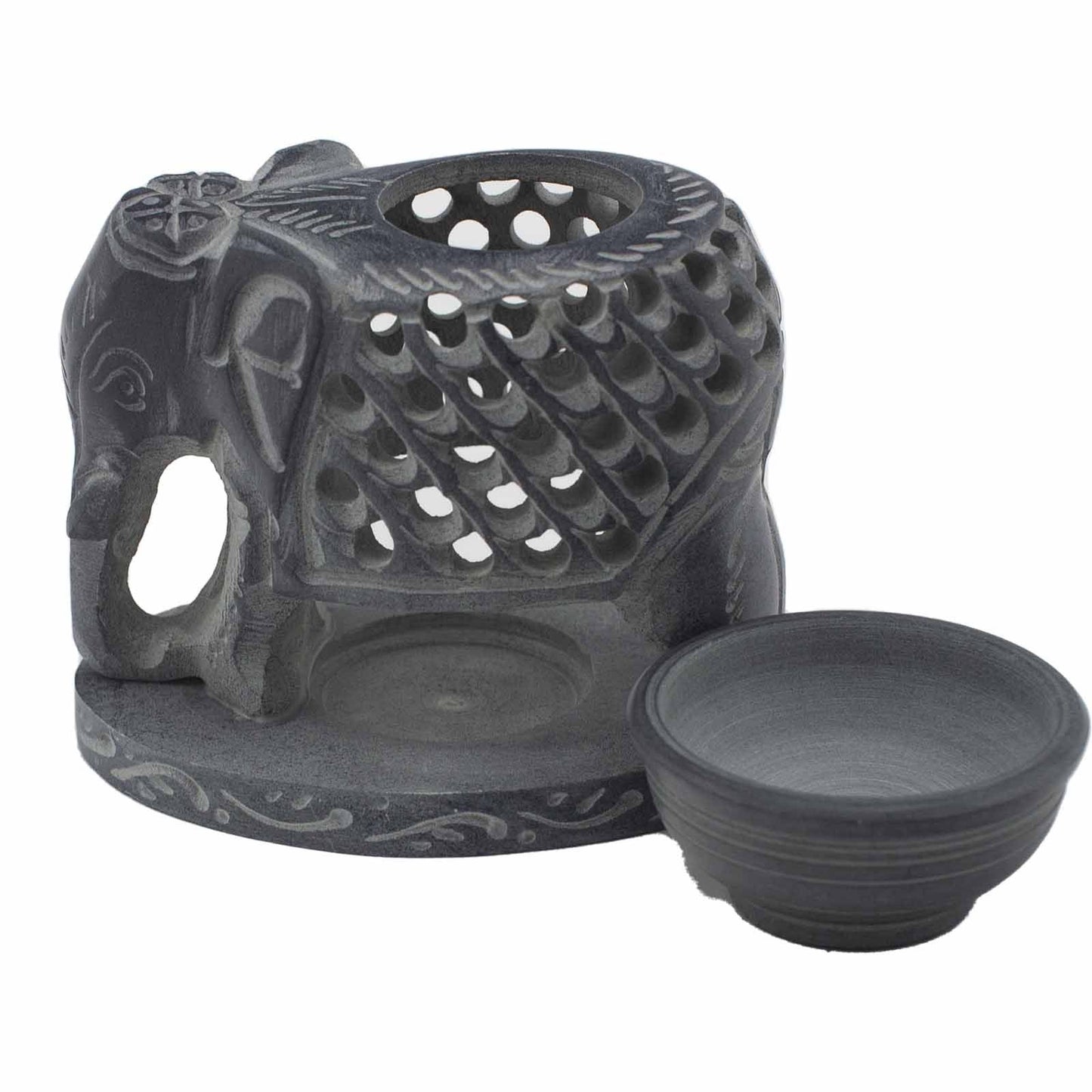 Decorative black ceramic oil burner with elephant design on a white background