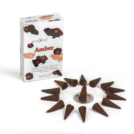 Stamford Amber incense cones with packaging on a white background