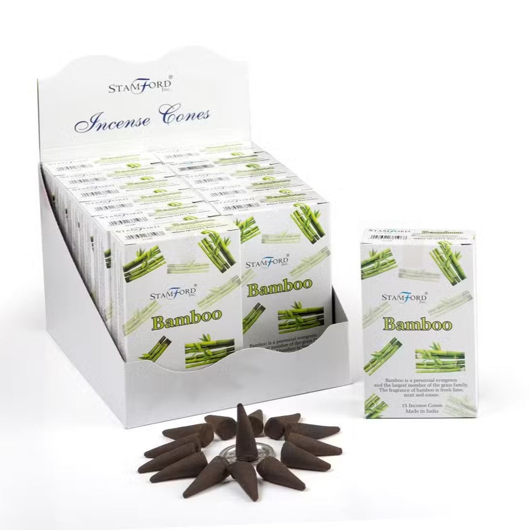 Box of Stamford Bamboo incense cones on a white background