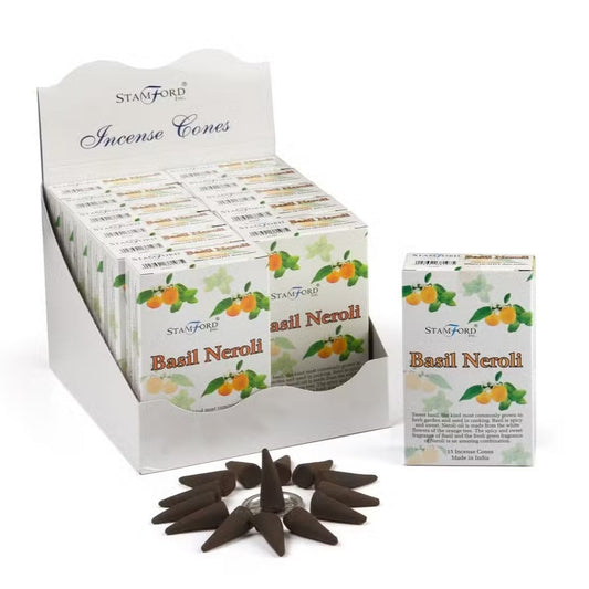 Display of Stamford incense cones with packaging on a white background