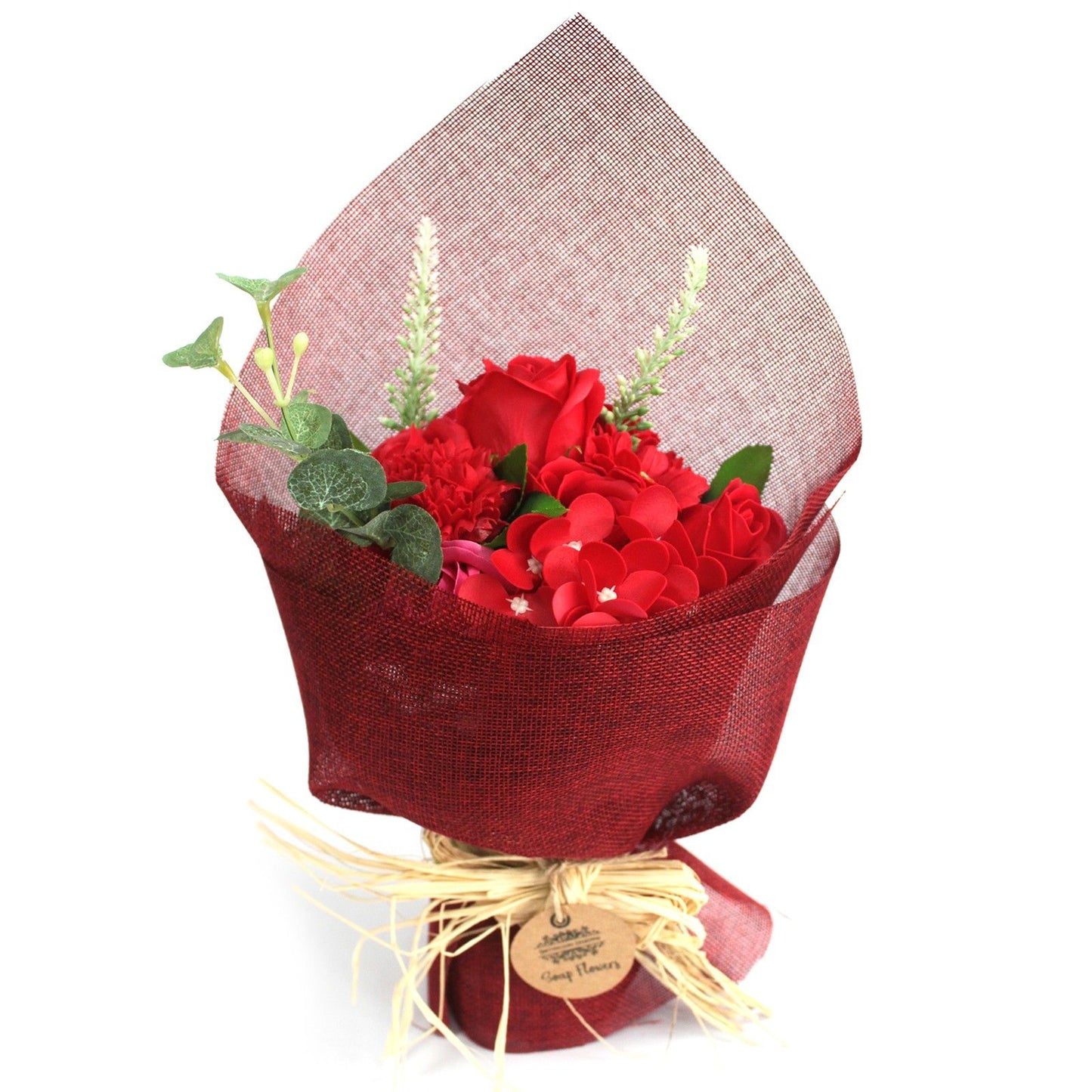 Bouquet of red flowers wrapped in red paper with a white background