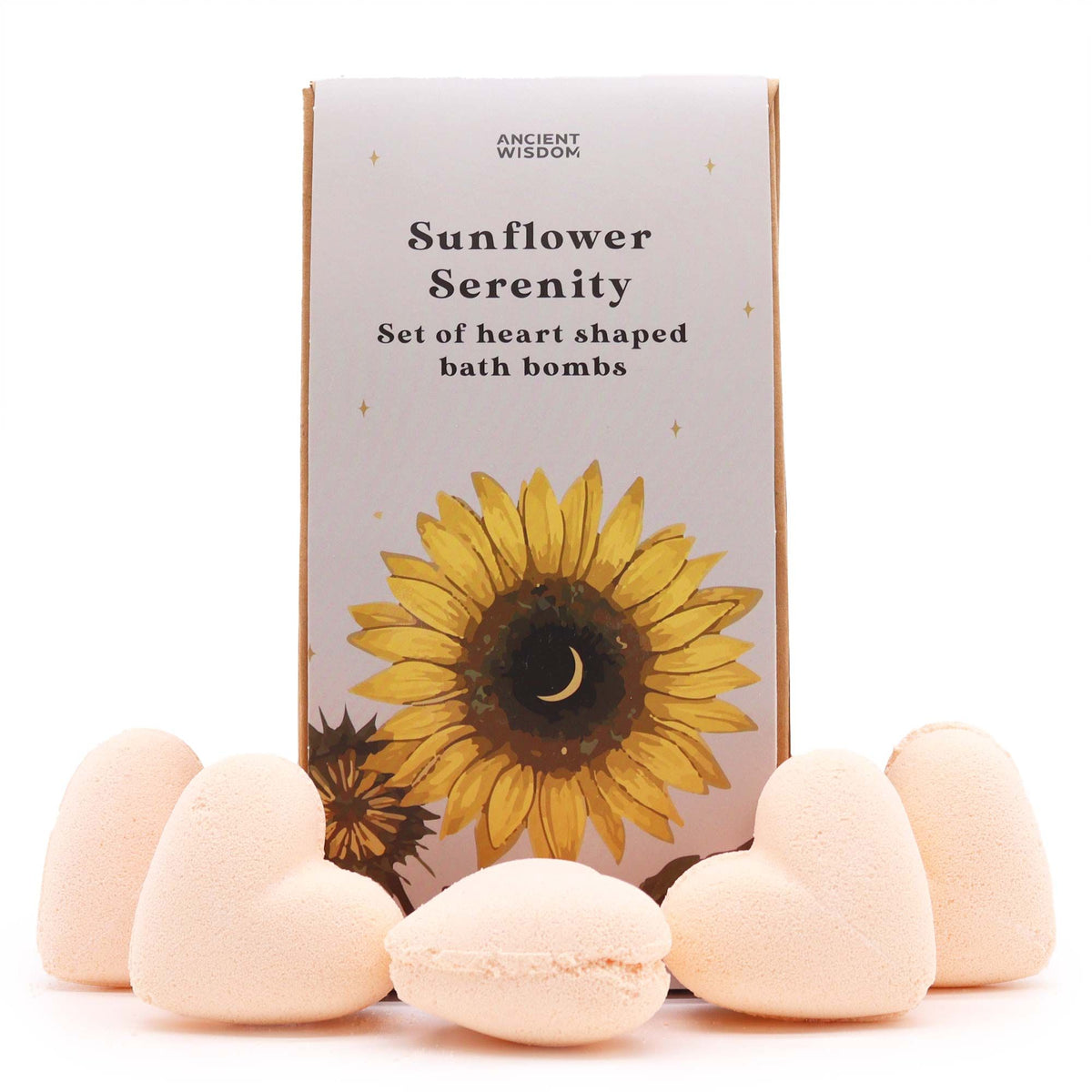 Heart-shaped bath bombs with a sunflower-themed packaging box on a white background