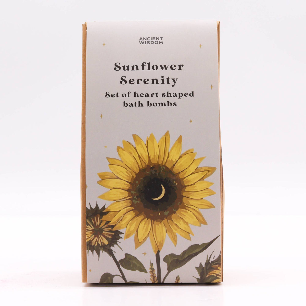 Box of Sunflower Serenity bath bombs with a sunflower design on a white background