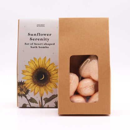 Sunflower-themed bath bomb packaging with a window showing the product.