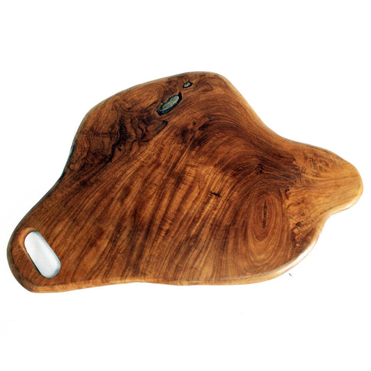 Wooden cutting board with a white handle on a white background