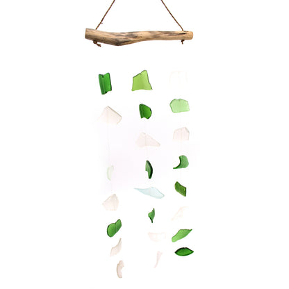 Bring harmony and a touch of nature to your outdoor space with a Recycled Glass Wind Chime Three Drop Green &amp; White Handmade in Indonesia by skilled artisans