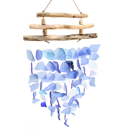 Bring harmony and a touch of nature to your outdoor space with a Recycled Glass Wind Chime Three Stick All Blues. Handmade in Indonesia 