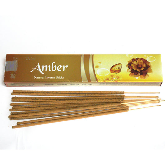 Immerse yourself in the rich, aromatic tradition of Vedic Incense Sticks Amber.&nbsp;Carefully crafted to capture the essence of ancient Hindu Vedic teachings. 