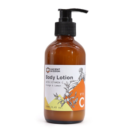 Brown bottle of body lotion with a label on a white background