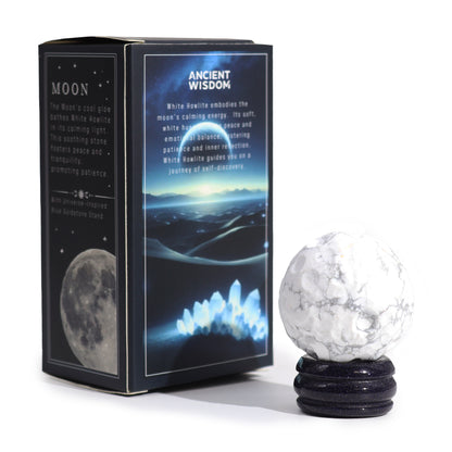 Embrace the calming and reflective energy of the Moon with this elegant White Howlite Planet boxed
