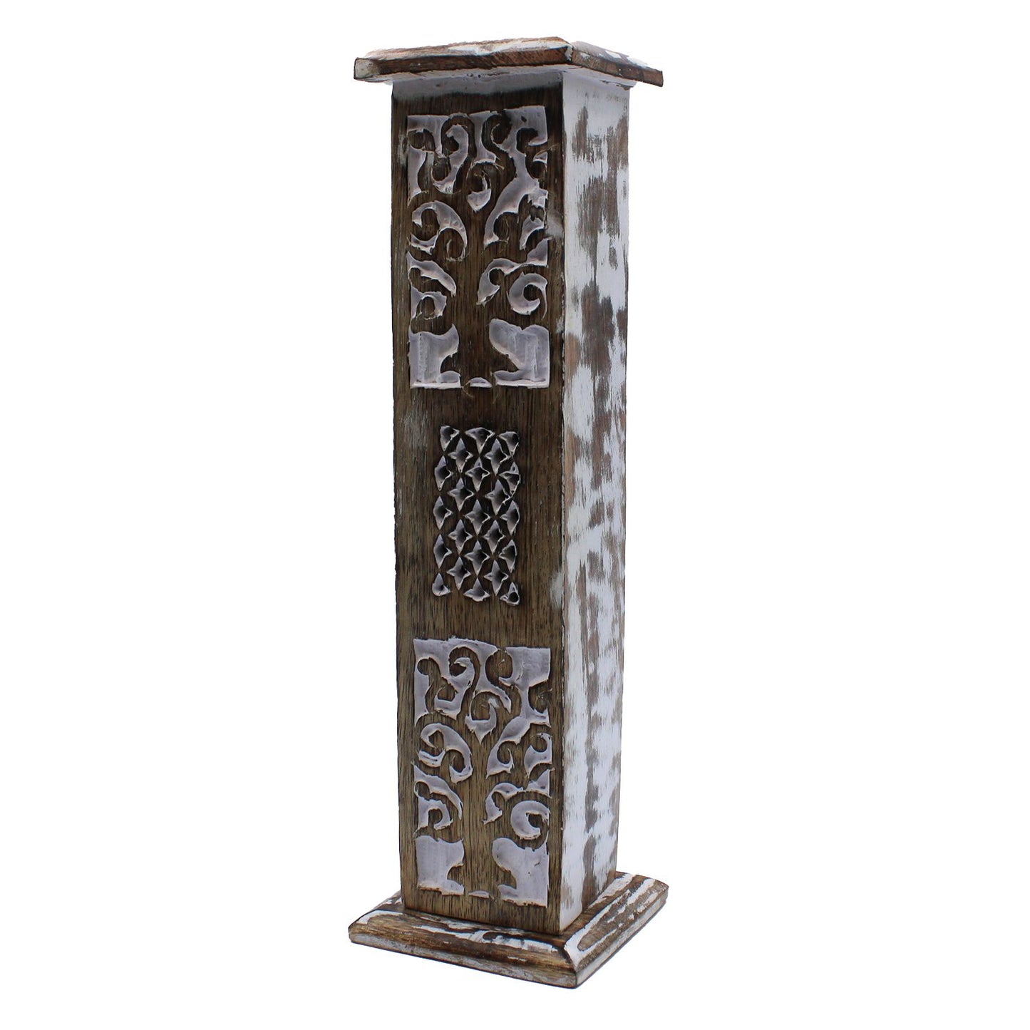 Decorative wooden tower with intricate carvings on a white background