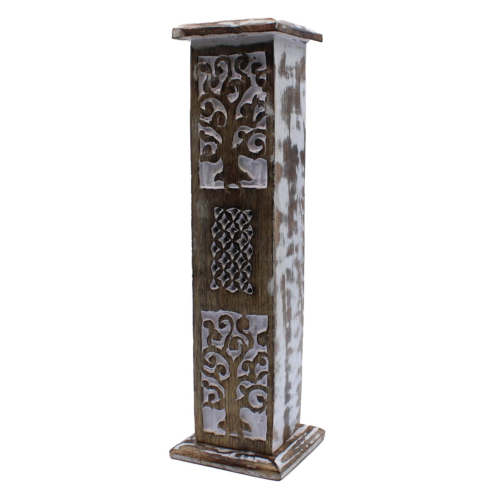 Decorative wooden tower with intricate carvings on a white background