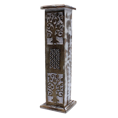 Decorative wooden tower with intricate carvings on a white background