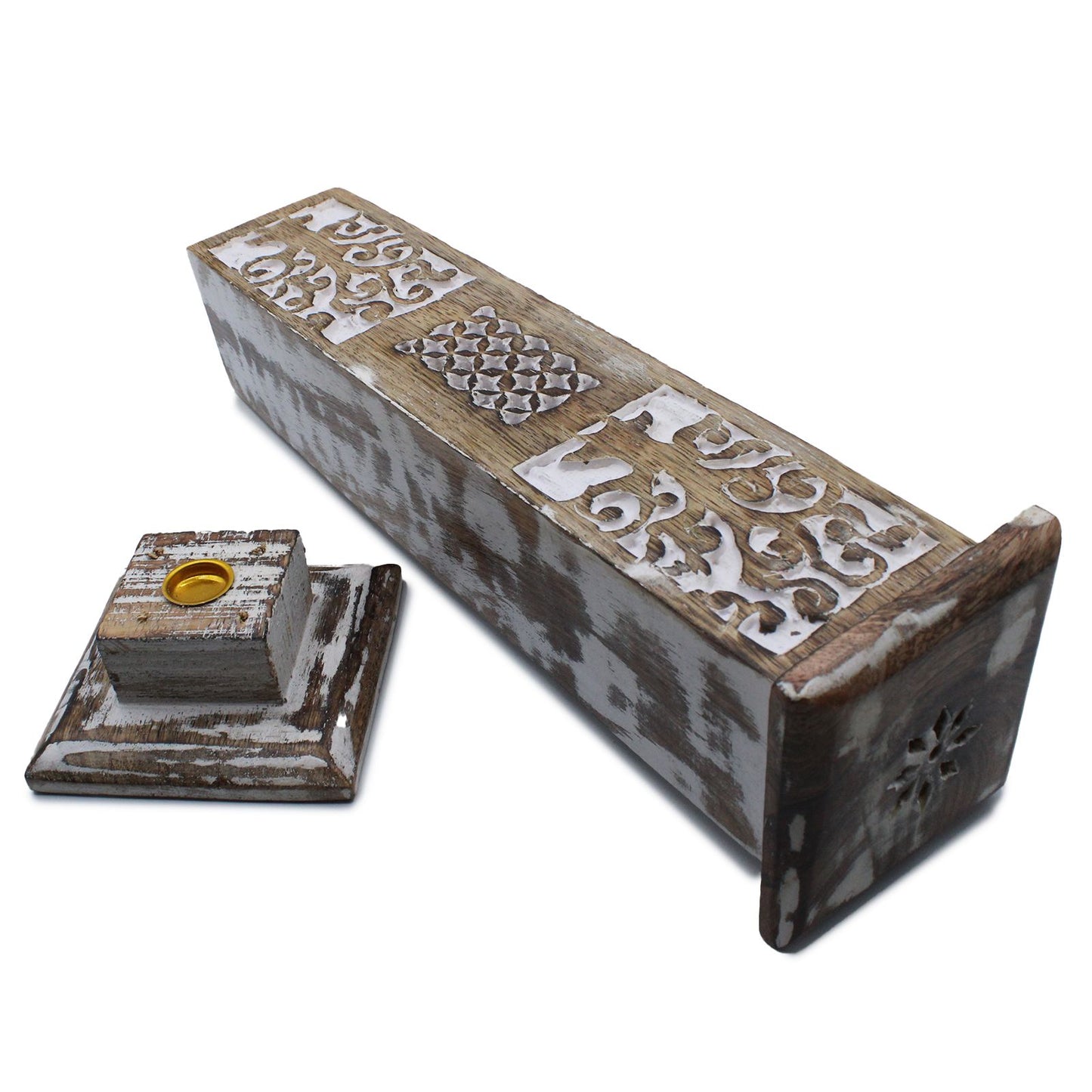 Decorative wooden incense holder with intricate carvings on a white background