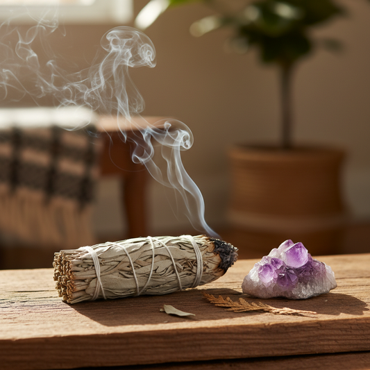 White sage smudge stick resting on a wooden surface beside an amethyst crystal with soft smoke curling upward