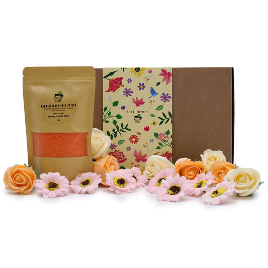 Protein powder package with a floral-themed box and decorative flowers on a white background