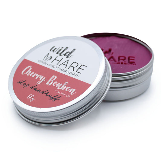 Open tin of Wild Hare Cherry Bonbon hair product on a white background