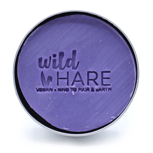 Purple shampoo with 'wild HARE' branding on a white background