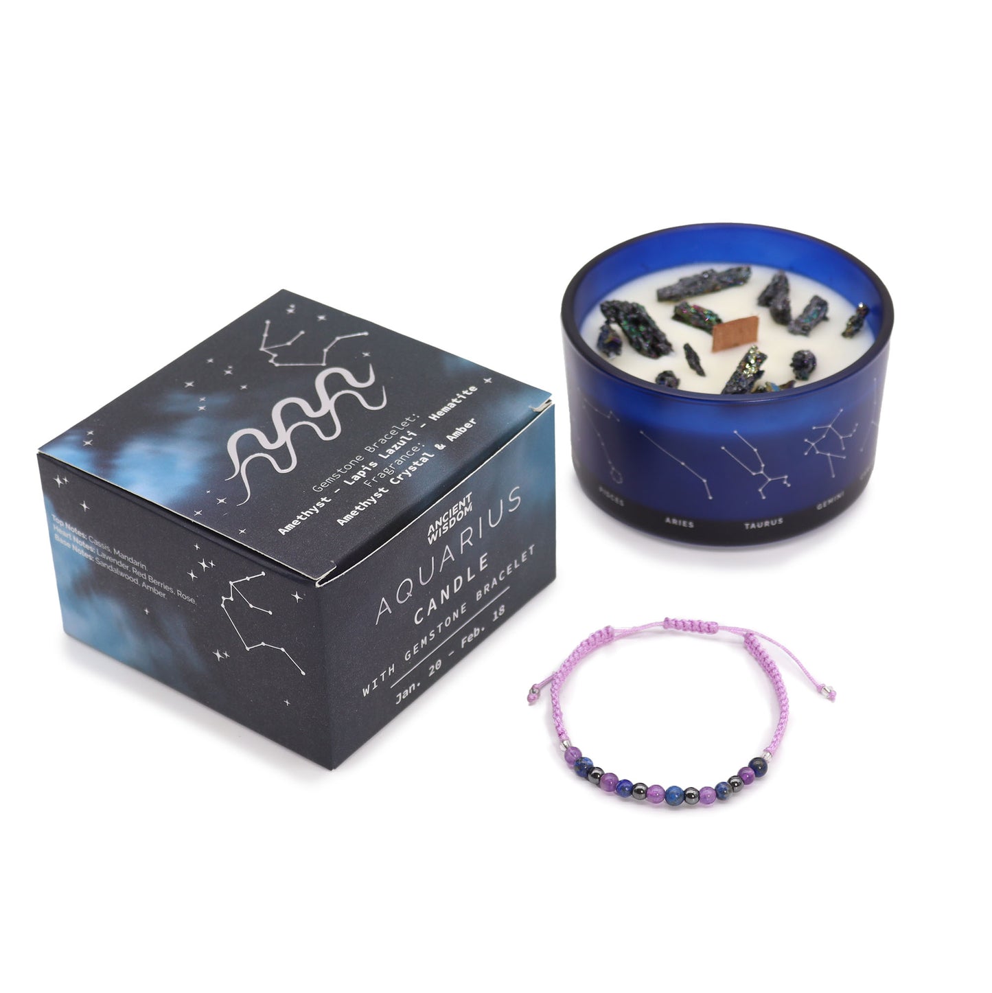 Zodiac Crystal Candle Aquarius with Gemstone Bracelet is beautifully presented in a midnight blue glass jar adorned with silver-embossed star sign constellations.