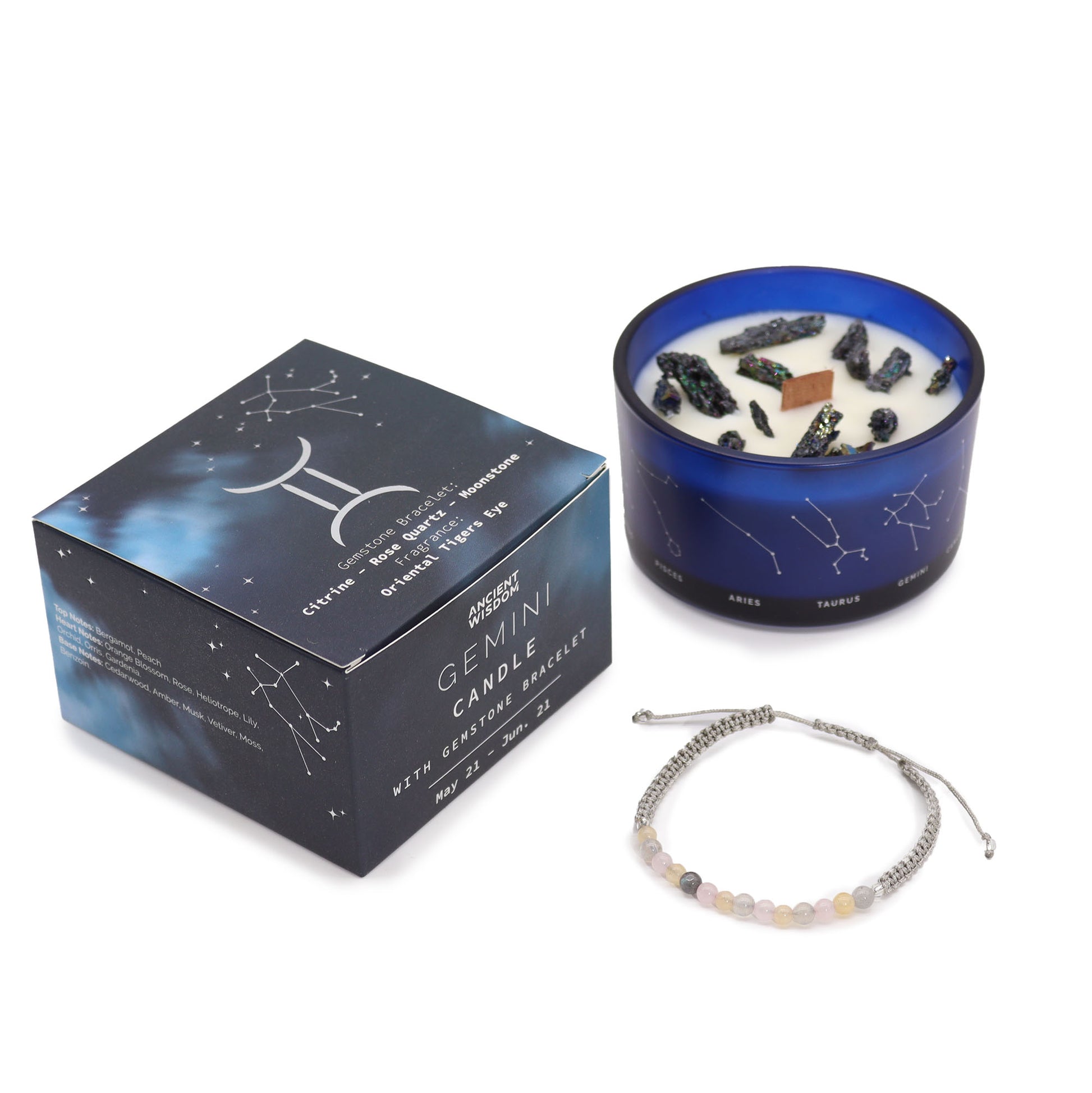 Zodiac Crystal Candle Gemini with Gemstone Bracelet boxed is beautifully presented in a midnight blue glass jar adorned with silver-embossed star sign constellations.