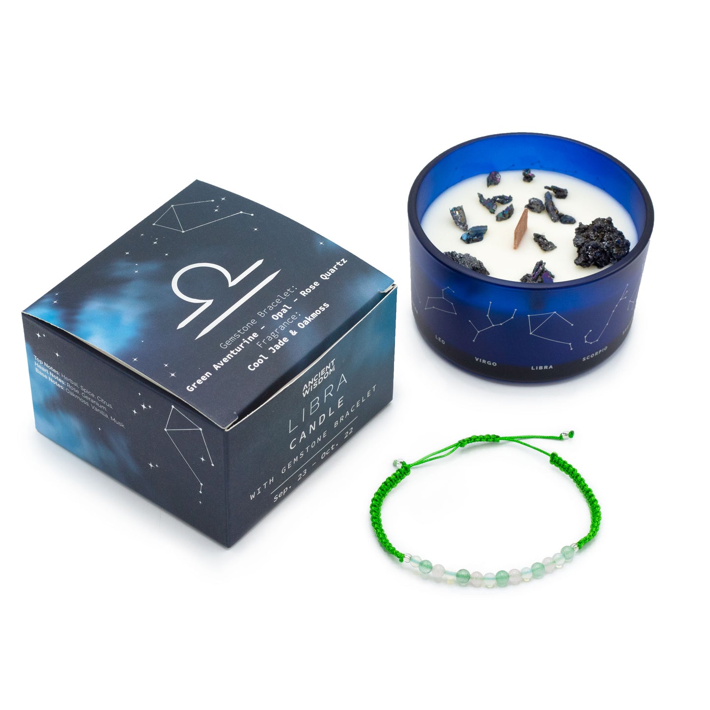 Zodiac Crystal Candle Libra with Gemstone Bracelet is beautifully presented in a midnight blue glass jar adorned with silver-embossed star sign constellations. 
