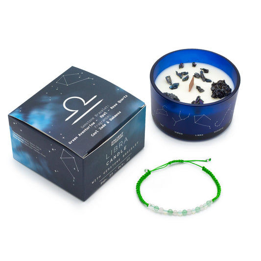 Zodiac Crystal Candle Libra with Gemstone Bracelet is beautifully presented in a midnight blue glass jar adorned with silver-embossed star sign constellations. 