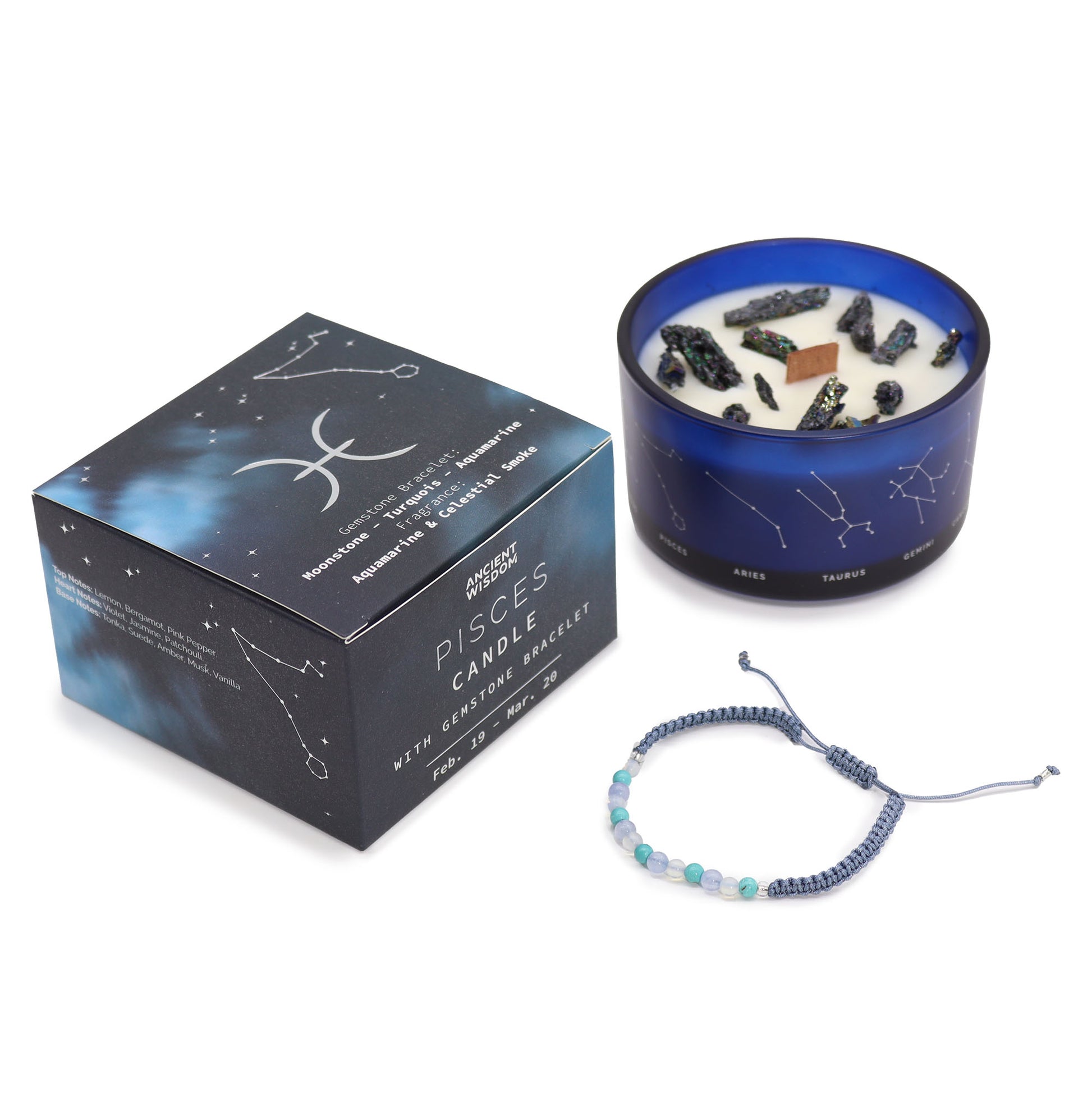 Zodiac Crystal Candle Pisces with Gemstone Bracelet boxed is beautifully presented in a midnight blue glass jar adorned with silver-embossed star sign constellations.