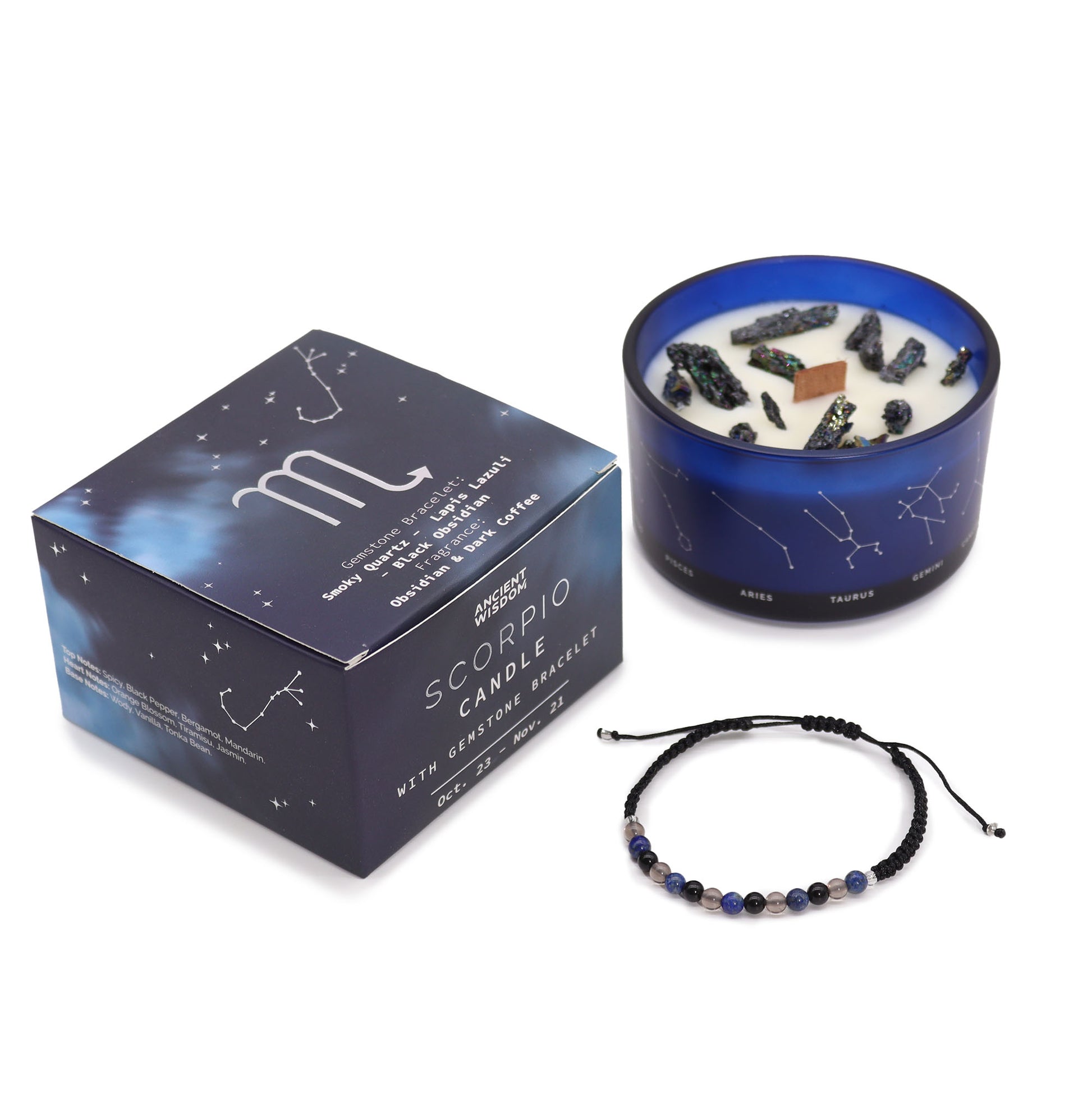 Zodiac Crystal Candle Scorpio with Gemstone Bracelet is beautifully presented in a midnight blue glass jar adorned with silver-embossed star sign constellations.
