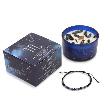 Zodiac Crystal Candle Scorpio with Gemstone Bracelet is beautifully presented in a midnight blue glass jar adorned with silver-embossed star sign constellations.