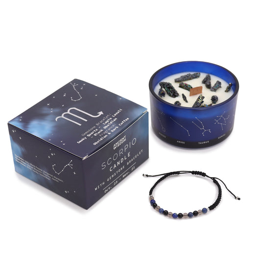 Zodiac Crystal Candle Scorpio with Gemstone Bracelet is beautifully presented in a midnight blue glass jar adorned with silver-embossed star sign constellations.