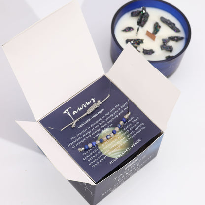 Zodiac Crystal Candle Taurus with Gemstone Bracelet boxed  is beautifully presented in a midnight blue glass jar adorned with silver-embossed star sign constellations. 