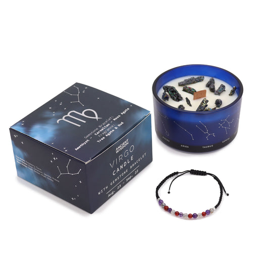 Zodiac Crystal Candle Virgo with Gemstone Bracelet is beautifully presented in a midnight blue glass jar adorned with silver-embossed star sign constellations. 