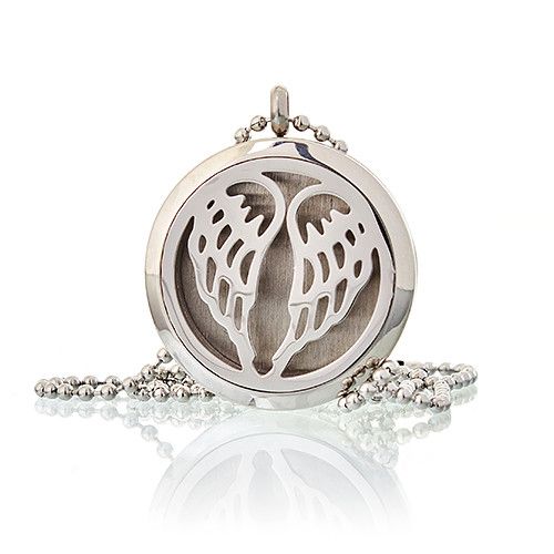 Silver pendant with angel wings design on a white background