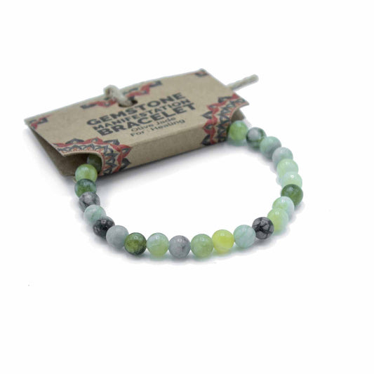 Beaded bracelet with a cardboard packaging label on a white background
