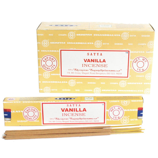 Box of Satya Vanilla Incense with incense sticks on a white background