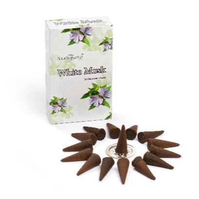 White Musk incense cones with packaging on a white background
