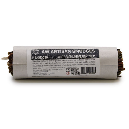 Roll of AW Artisan Smuggles with white sage and peppermint on a white background
