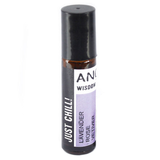 Roll-on bottle with lavender, rose, and vetiver scents on a white background